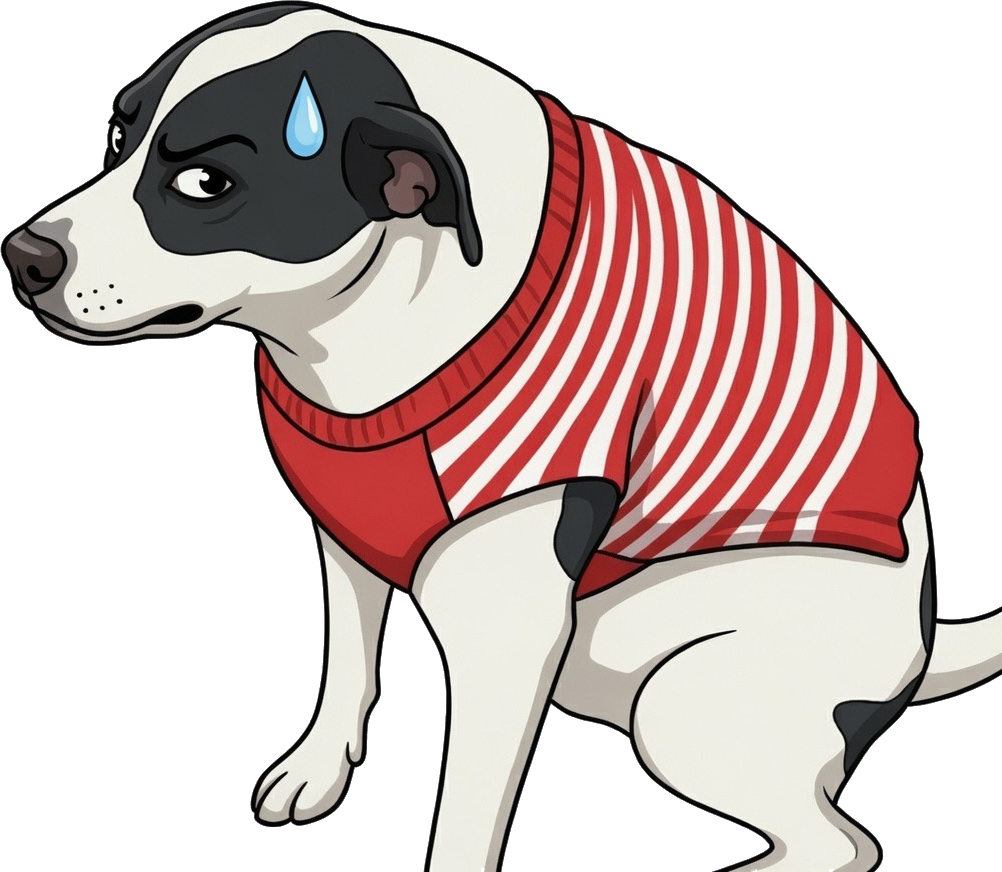 Illustration of a black-and-white dog in a red-and-white striped sweater that is slightly too tight, with a small nervous sweat drop.